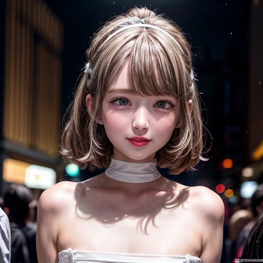 masterpiece of professional Analog photo, realistic and photorealistic with touch of rawness, (a close-up portrait of a tiny princess wearing white thongs on a city street), Dusk Sky with afterglow, intricate lighting effects with light particles, (many co...