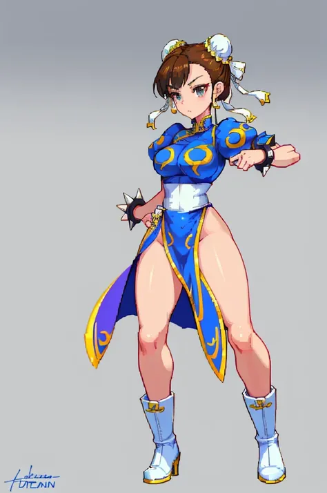 Por favor, crea una imagen de Chun-Li, an iconic character from the Street Fighter video game series, en estilo pixel art. The image must capture its essence and distinctive characteristics: dynamic pose: Chun-Li must be in a dynamic combat pose that highl...