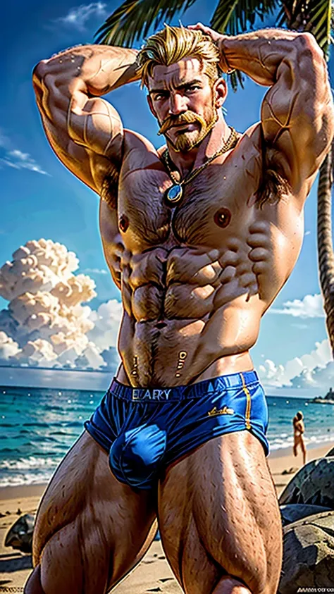 Escanor, blond mustache, shirtless, beach underwear, muscular giant, 3 meters tall bodybuilder, flexing, massive biceps, oversized biceps are 240 inches, with long oversized arms, bulging muscles, prominent veins, broad shoulders, beefy build, hefty, muscl...