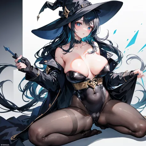 1girl,gwen,voluptuous breasts,long black body-conscious dress,thicc thighs,black stockings,shiny skin,full body, witch hat, nipples, long hair, pantyhose, topless, cum