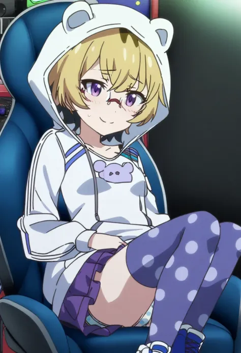 1 girl, solo, Ito, hood with animal ears, hood up, white hoodie, blonde hair, glasses, multicolored hair, blue polka dot panties, purple eyes, short hair, purple skirt, ribbon thighhighs, sneakers, small breasts, shy, sitting on gamer chair, dark gamer roo...