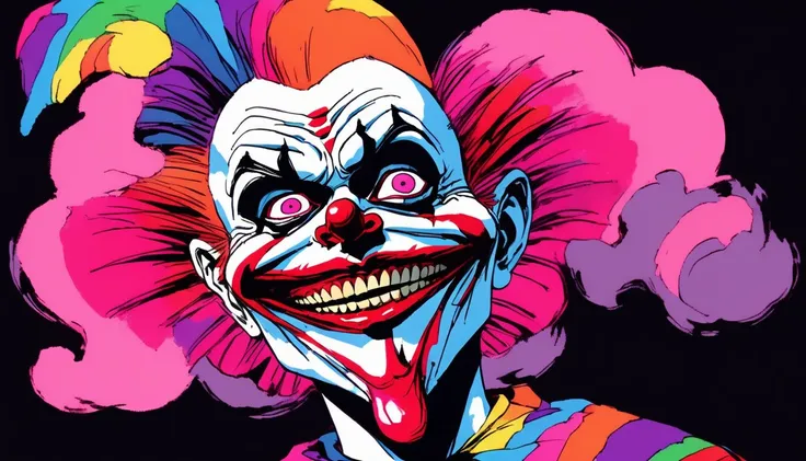 rotoscope, animated, cotton candy from the killer klowns from outer space, clowns, vhs, glitch, distorted, nostalgia, 90's retro...