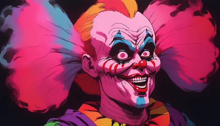 rotoscope, animated, cotton candy from the killer klowns from outer space, clowns, vhs, glitch, distorted, nostalgia, 90's retro...