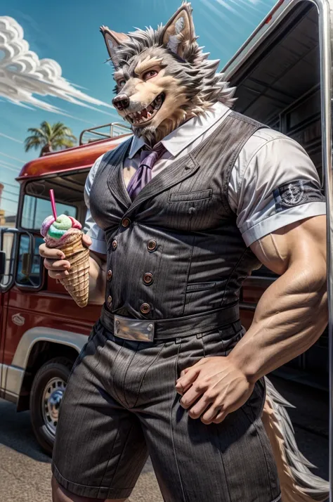 robust guy, wolf head, ice cream man outfit, gray hair, red eyes, wolf ears sharp teeth, robust body, pose elegance ice cream tr...