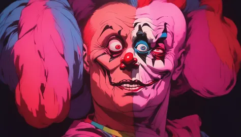 rotoscope, animated, cotton candy from the killer klowns from outer space, clowns, vhs, glitch, distorted, nostalgia, 90's retro...