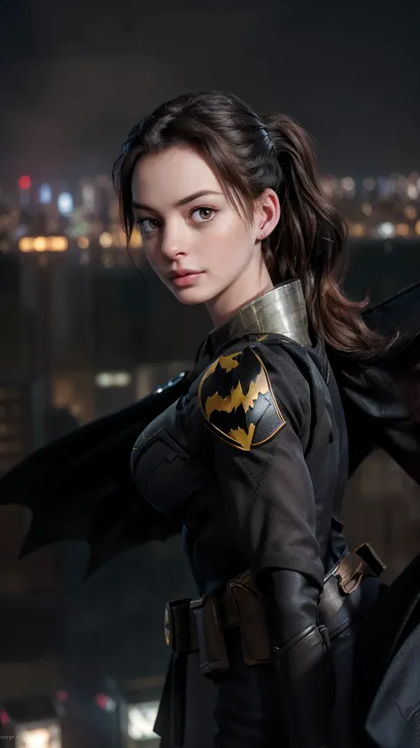 ((Anne Hathaway、(Batgirl with a Batarang))), Wears Batgirl armor with cape, (Dynamic pose), muscles are defined, Redhead, Athletic build, Tight outfit, so beautiful, ((sexy, Small natural breasts, Cleavage, Nippon)), (Highly detailed skin: 1.2), Serious fa...