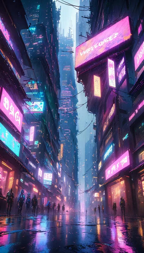 a futuristic cyberpunk city, neon lights, skyscrapers, rain, dark atmosphere, advanced technology, android, cyborg, gun violence...