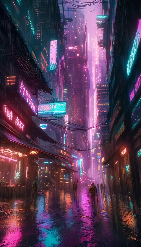 a futuristic cyberpunk city, neon lights, skyscrapers, rain, dark atmosphere, advanced technology, android, cyborg, gun violence...