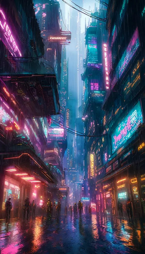 a futuristic cyberpunk city, neon lights, skyscrapers, rain, dark atmosphere, advanced technology, android, cyborg, gun violence...