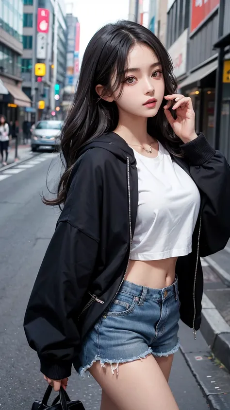 Half body close-up.cute poses,large black wristwatch,Beautiful young woman staring at the camera,sharp eyes,Beautiful eyes,Nineteen years old. cool gray hair,very detailed. My hair is long and wavy.,cute hairstyle, Modern clothes include a black hood.,Over...