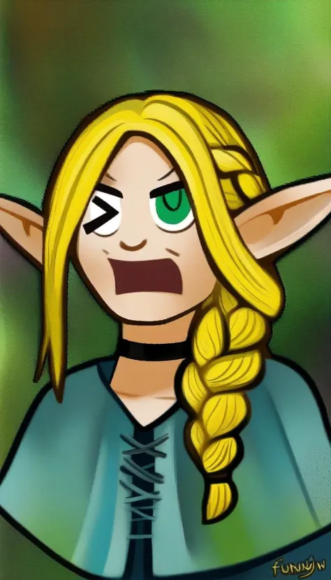 epic digital painting, 1girl, solo, pointy ears, braid, blonde hair, green eyes, choker, elf, long hair, hair over shoulder, funny expression, meme, >_< 