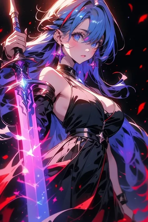 1girl,solo,cool,blue hair,holding a sword,shining eye,red eye,dress,cleavage,night