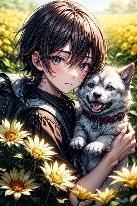 Very adorable boy with a backpack and her cute puppy. (husky) Enjoying a beautiful spring walk surrounded by beautiful yellow flowers and nature.. permission 4k, HD, Illustrations, Very detailed, facial features, cartoons, visual effects.  anime style