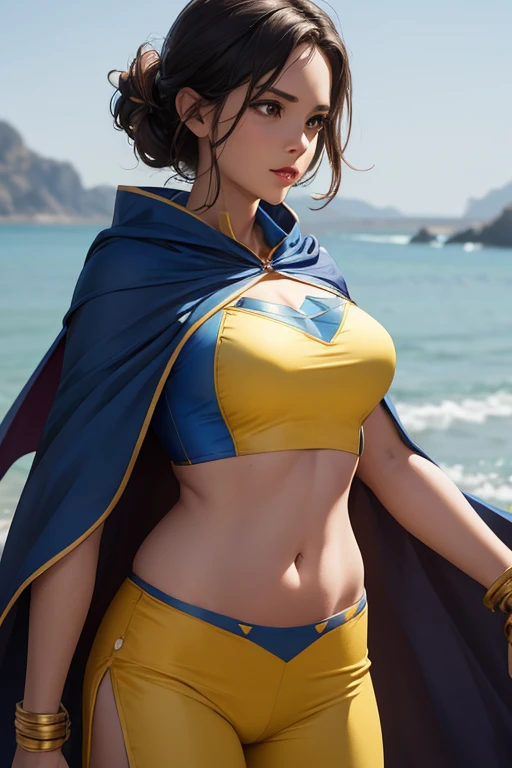 A woman in yellow crop top superhero costume showing navel, 40 years-old, bellybutton , blue cape