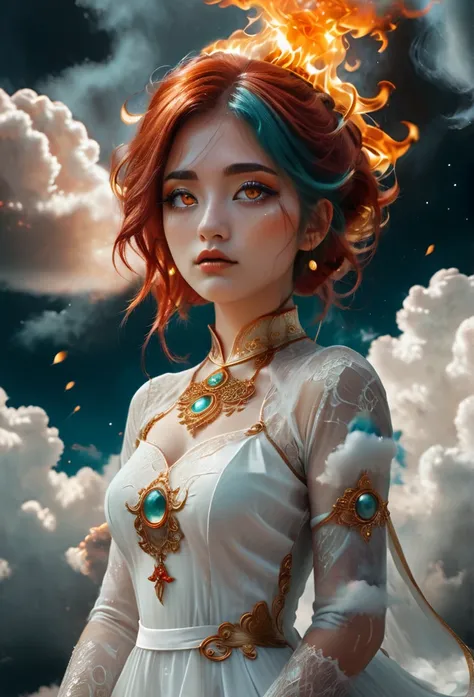 photography, high detail, realistic, ((Kneeling surrounded by clouds in the sky)) Is a girl. The Character eyes shine like jasper, her neck is graven with gold, her skin is lunmious as the moon. Wearing a white dress. Red and orange mix  teal hair, burning...