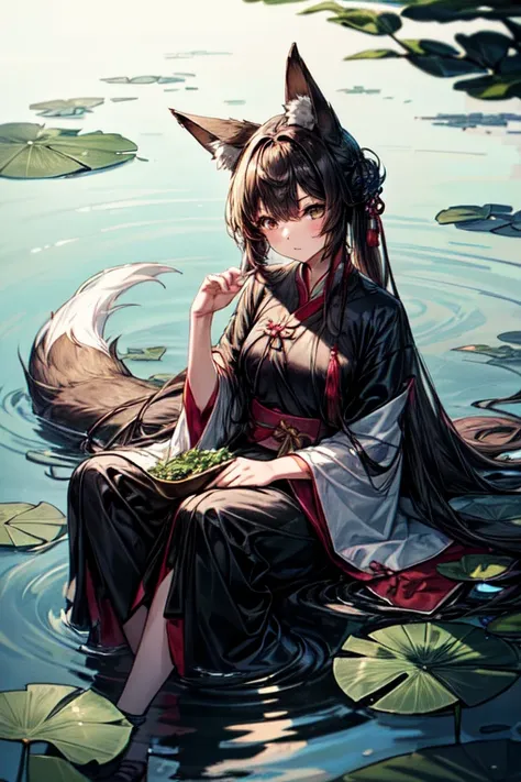 absurdity, a high resolution, ultra detailed, (1 Girl:1.3), hand drawn, Simple Line, Girl in colorful Chinese Hanfu, sexy girl with fox ears, At the lotus pond, masterpiece, sitting in the water, Floating clothing, floating hair