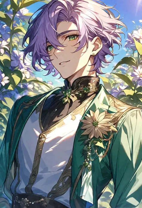 Solo, handsome, male, light purple hair, short hair, dark green eyes, fancy clothing, flowers, sun shinning