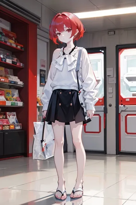 red hair, hair spread out, short hair, expressionless, tired, hair over shoulder, from side, 8k, super detail, ccurate, best quality, fullbody, take a knife