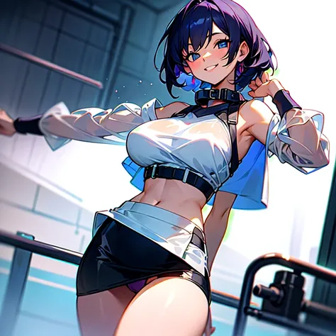  girl with big breasts bushing and smiling. with a collar around her neck and reviling clothes That is Just a see through Tight fight cold Shoulder Tube crop top shirt. And a micro skirt That shows her Panties 