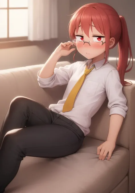 (masterpiece, best quality:1.2), extremely detailed, soft ambient lighting, sharp focus, 4K, BREAK kobayashi (maidragon), 1girl, solo, ponytail, glasses, sanpaku, red eyes, white shirt, red hair, collared shirt, pants, yellow tie, flat chest, BREAK indoors...