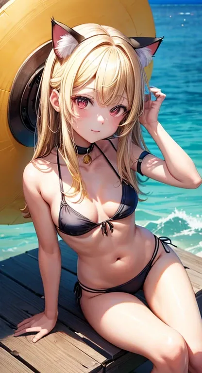 Cat Ear Girl，bikini，There is a magic hat on his head，Sitting on the sun，布料Very few，布料Very few，Very few，blonde，Red eyes，Perfect，masterpiece，Ultra high quality，4K Ultra HD