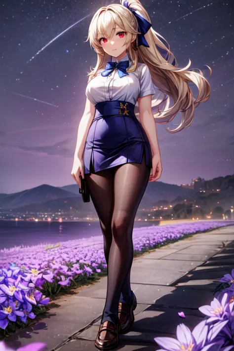 Best quality, masterpiece,, illustration, wallpaper,1 Girl, One, , White shirt, black skirt, blonde hair, semi-long hair, beautiful detailed girl, extremely detailed eyes and face, beautiful detailed eyes, Shy, natural_Lighting, Shine,NFV, clean sky, I loo...