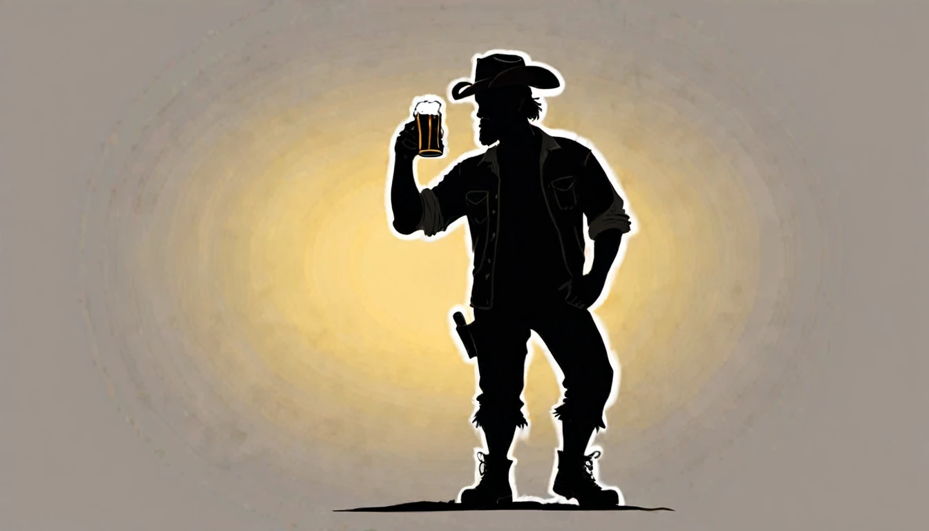 A draw of a silhouette of a drunk redneck with a beer in his hand