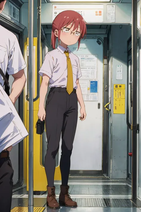 absurderes、​masterpiece、top-quality、Kobayashi,1 girl, white shirt, yellow tie, black pants,short sleeves、office boots, tired, flat chest, Highly detailed body lines, in public metro, underground carriage, standing, front view, many male around, closely