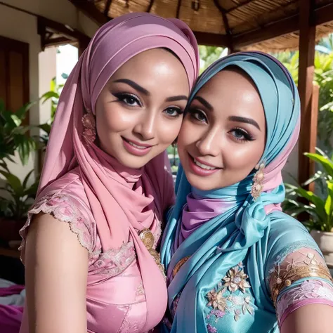 nsfw full naked and nude realistic, 3 malay girls, hijab, face enhancement, face extra large zoom, selfie, look up, stare at me,...