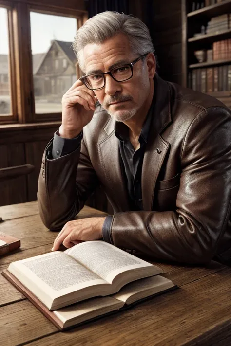 Photograph of a prominent middle-aged professional, main character, Sharp features, Salt and pepper hair, Glasses, Deep concentration, Academic books scattered on a wooden desk, close, Rustic background, Old University, High-resolution details, Old leather...