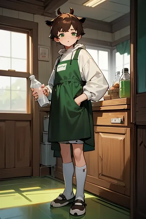 12 year old boy, Brown hair, green eyes, full body, cow hoodie, cow apron, long sleeves jersey, cow diaper, cow slippers, nurseryboy, milk bottle, diapers, pacifier,