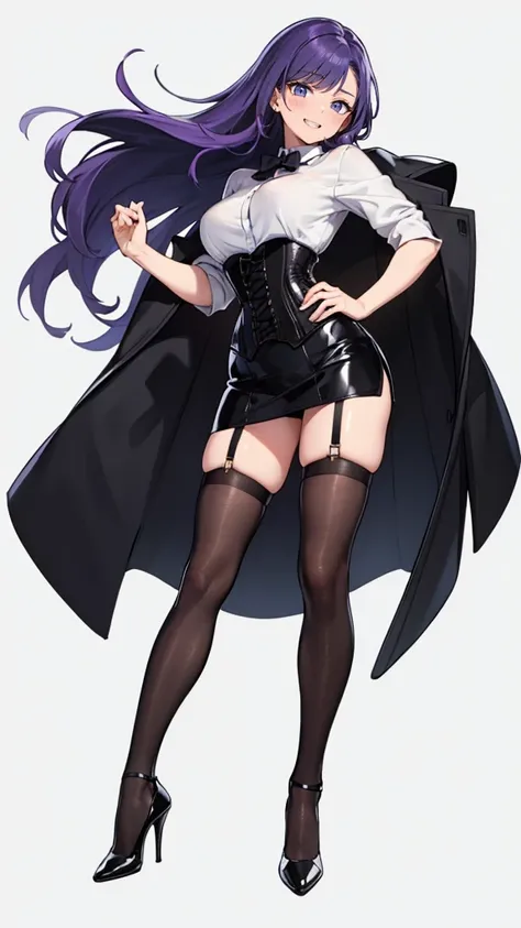 Purple Hair,long hair,Adult female,(suit),White Y-shirt,((Rolling up his sleeves)),(corset),(Black tight skirt),(High heels),Heels are visible,((Simple white background)),smile,((whole body)),((full body)),