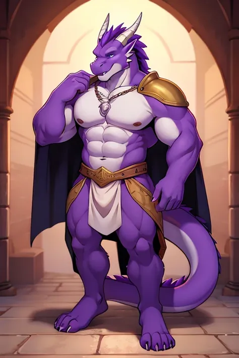 purple dragon, muscular, dressed like a knight