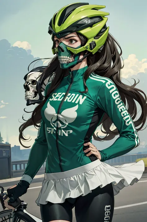 1woman, road cycling speed, long hair, green skull head, cycling suit and short, jersey, helmet, skull face head,