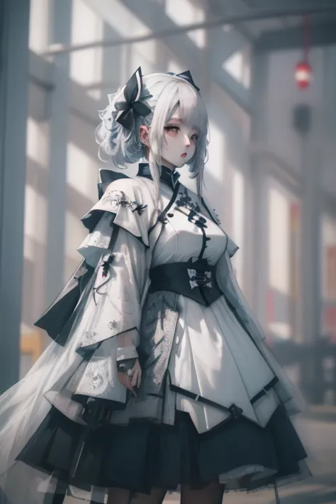 silver haired girl,anime girl with silver hair, white hair and blue eyes wearing a black and white dress. anime girl with a blue...