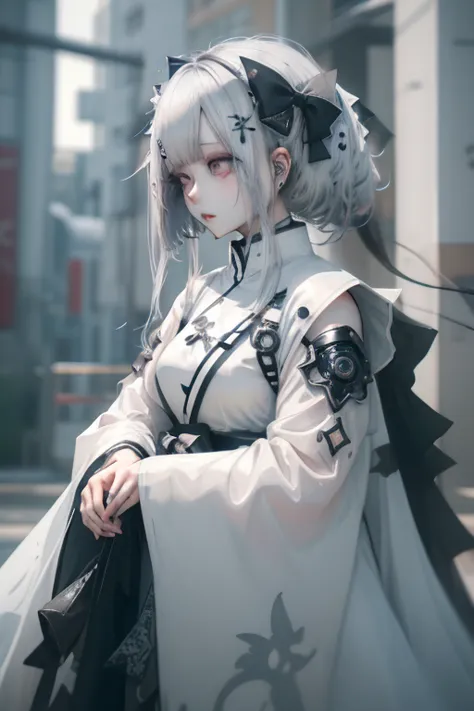 silver haired girl,anime girl with silver hair, white hair and blue eyes wearing a black and white dress. anime girl with a blue...