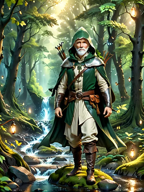 an old man, an experienced elf ranger embarks on a long journey of resistance, an elf wearing a leather tunic and a hooded cloak...