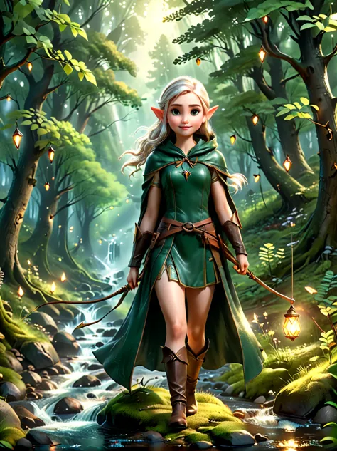 a girl, an experienced elf ranger embarks on a long journey of resistance, an elf wearing a leather tunic and a hooded cloak of ...