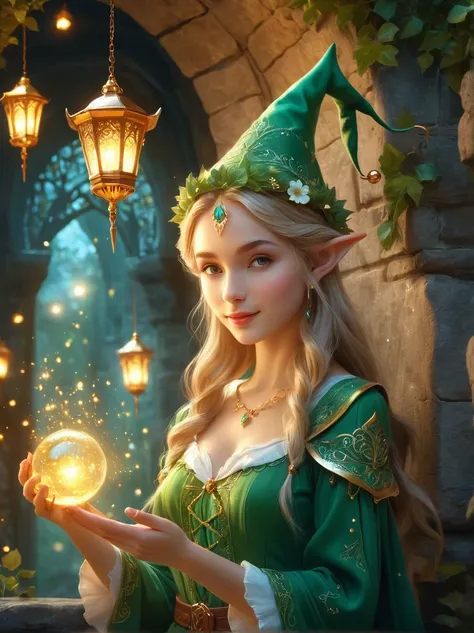 europe, traditional, magic, a cute elf，在magic仙境中发出致命的哀嚎, beautiful whimsical fantasy art concept, detailed background, glowing p...