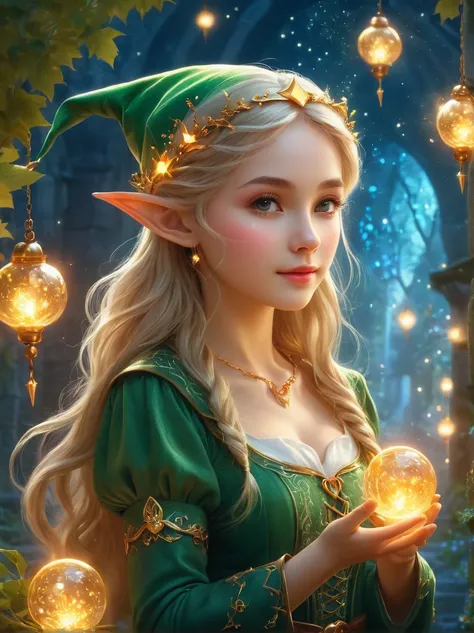 europe, traditional, magic, a cute elf，在magic仙境中发出致命的哀嚎, beautiful whimsical fantasy art concept, detailed background, glowing p...