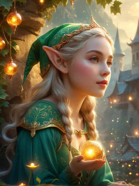 europe, traditional, magic, a cute elf，在magic仙境中发出致命的哀嚎, beautiful whimsical fantasy art concept, detailed background, glowing p...