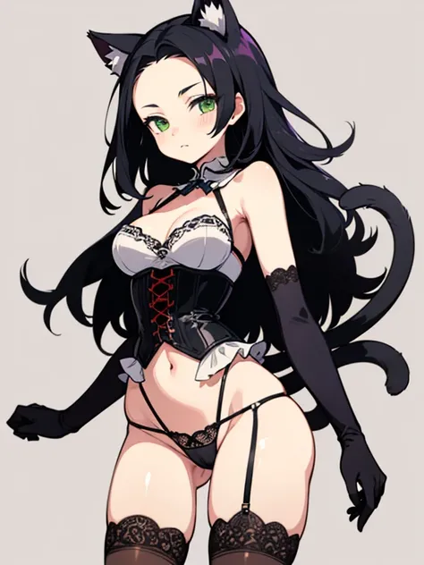 1 girl, high quality, bob hair, black hair, forehead, green eyes, medium breasts, corset, (straps on thighs), thick thighs, simple background, high gloves, stockings, cameltoe, cat tail, cat ears,((thong)), (lace:1.2)