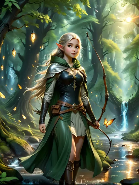 a girl, an experienced elf ranger embarks on a long journey of resistance, an elf wearing a leather tunic and a hooded cloak of ...