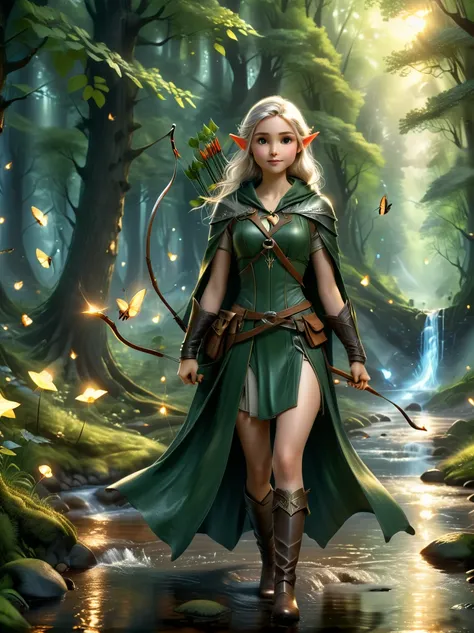 a girl, an experienced elf ranger embarks on a long journey of resistance, an elf wearing a leather tunic and a hooded cloak of ...