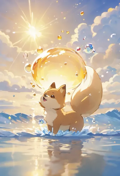 An inspiring ultra-high definition 3D scene，Showing a Shiba Inu, Biting a bone and making a wish by the lake. Beautifully presented，The details are all in place, See the bubbles gently blowing into the air, Everyone has a good wish. Reflection of Shiba Inu...