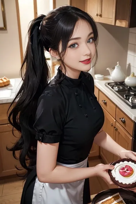 (dynamic angle:1.3, front view:1.1, breast focus:1.3, from above:1.1), (dynamic posing:1.2, sexy posing:1.2), (seductive smiling:1.3), ((looking at cake,Taking a cake out of the golden oven, worried about the outcome:1.2)),highest quality、(real、photorealis...