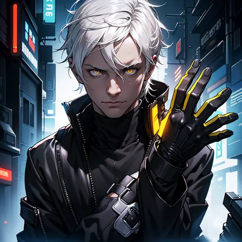 A portrait of a 20-year-old man with white hair and yellow eyes. He is wearing a black turtleneck, black coat, and black gloves. The portrait has a cyberpunk and sci-fi style with studio lighting. The colors are intense and dark.

Tags: (best quality,highr...