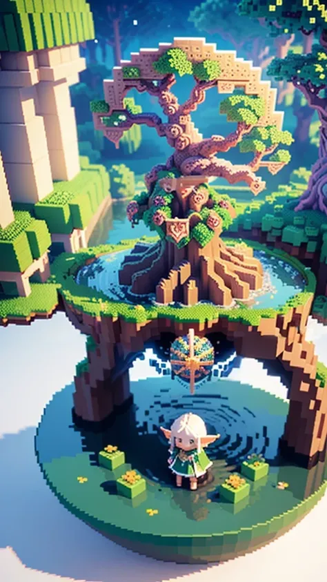 voxels,(3d big pixel art),(3d pixel art:1.2),(very beautiful huge Yggdrasil:1.5),(3d pixel art),background(simple,cute,trees,clean pond)