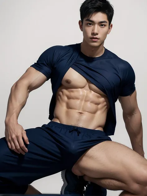 1 Handsome  naked Japanese guy ，Sexy pose, A 20 year-old man wearing a Bare chest shirt and Excellent shorts stands against a white background, navy blue, navy blue, Sports T-shirt, blue, Excellent Sportswear, Gorgeous and sexy clothes, Sportswear, Short s...