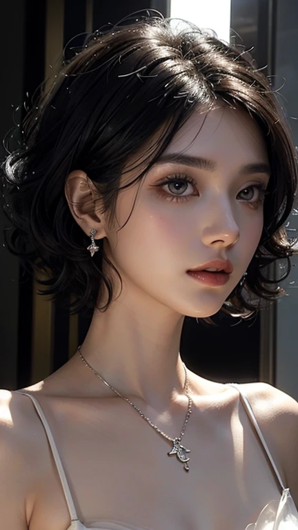 masterpiece，，illustration，Short curly hair，Straight Hair，White hair，Black Hair，Colorful Hair，[flat chest：：0.8]，White gold earrings，White gold necklace，White Dress，1 girl，cute，（Dynamic Lighting：1.2），Cinema Lighting，Exquisite facial features，Eyeliner，Lumines...